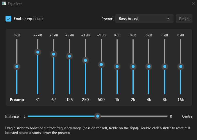 Equalizer-vinduet med preamp, 10 bånd og balance, sat til Bass boost