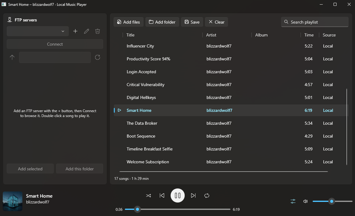 Local Music Player med playlisten i midten og afspilleren i bunden