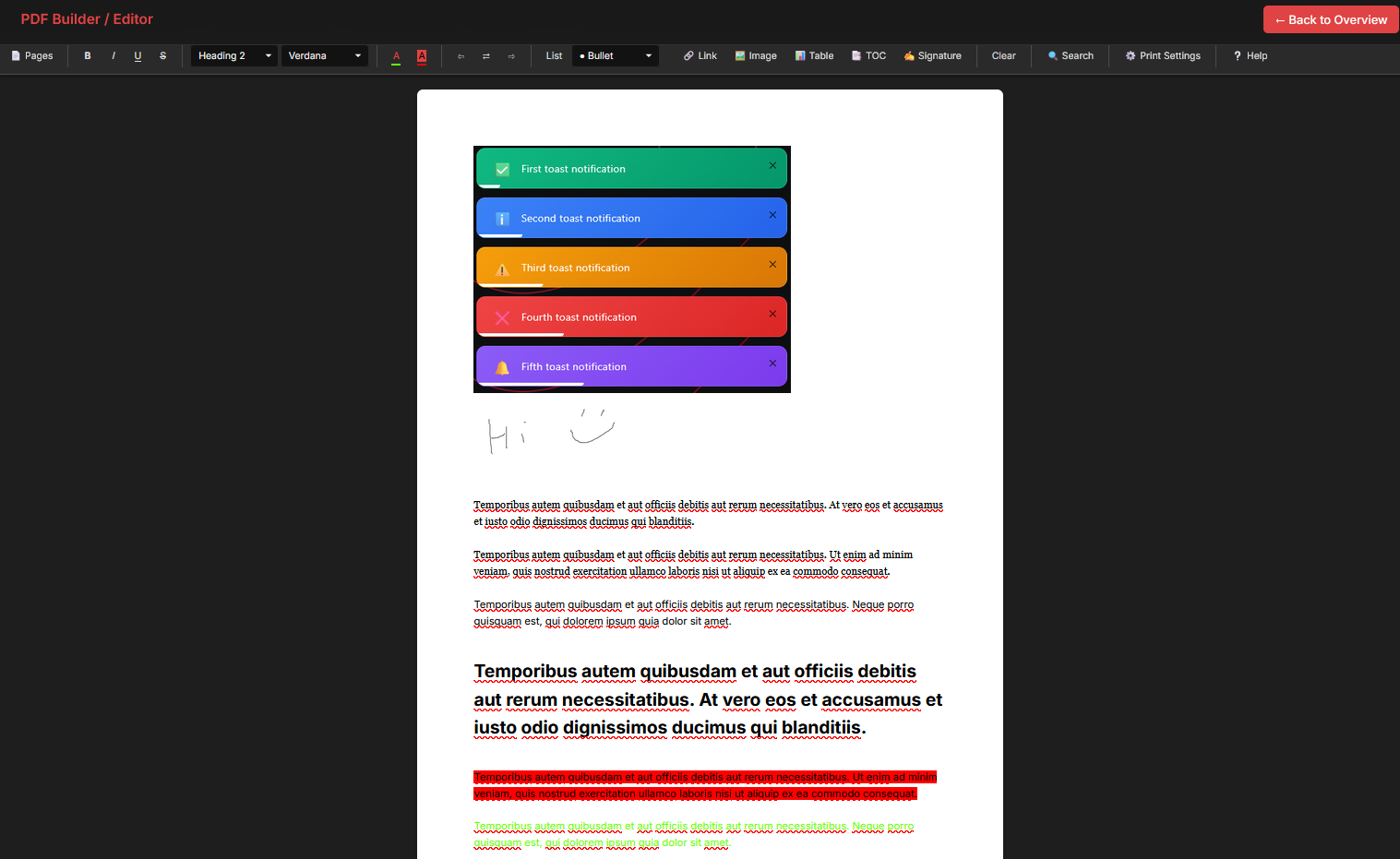 PDF Builder med et formateret eksempeldokument