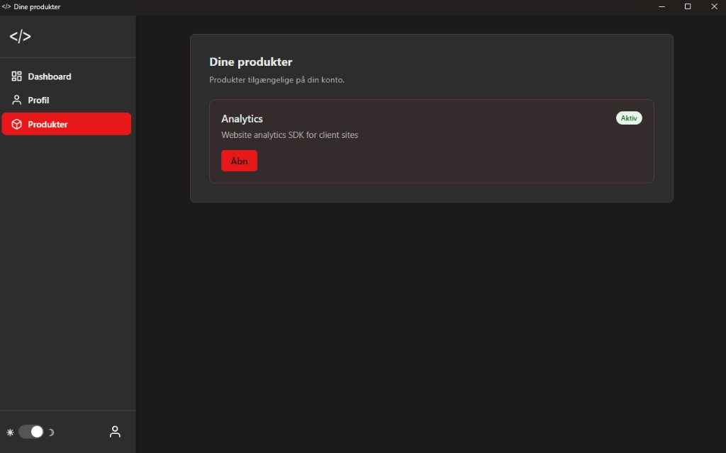 Produktdashboard i Minside Admin med Analytics som aktiv