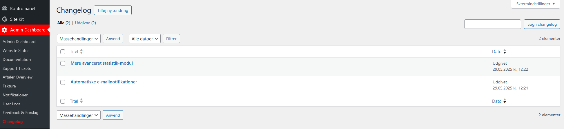 Custom WordPress admin-dashboard overblik