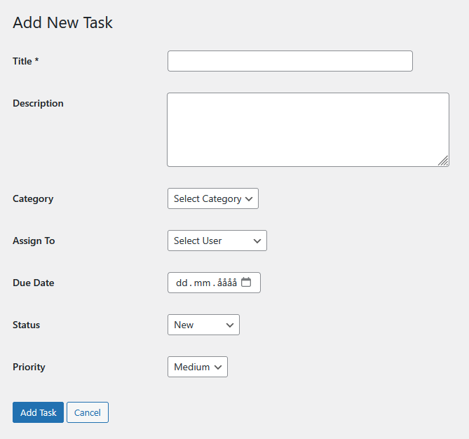 Task Manager plugin  -  task list or edit screen
